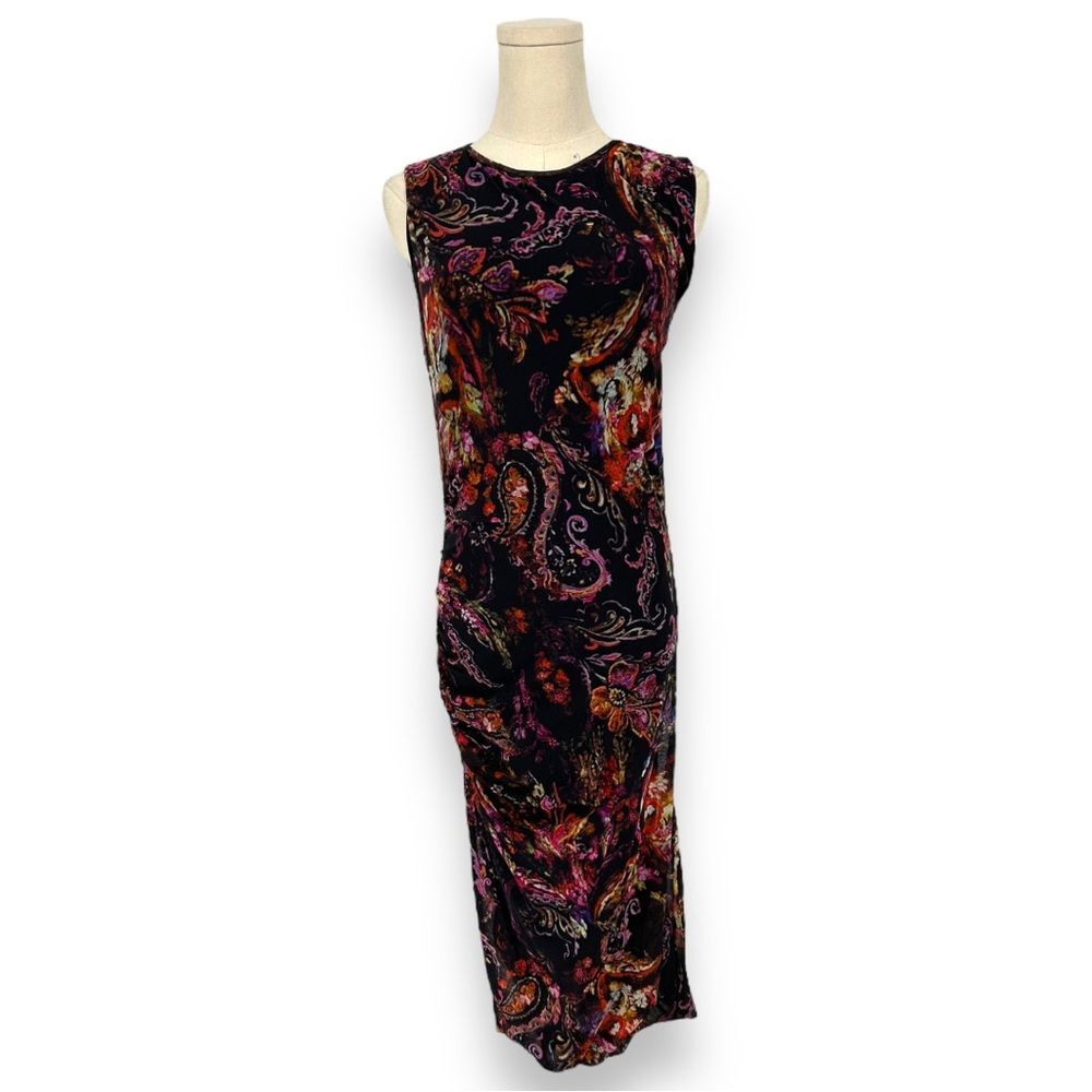 FUZZI Floral Print Mesh Bodycon Ruched Midi Dress XL Designer Made in Italy